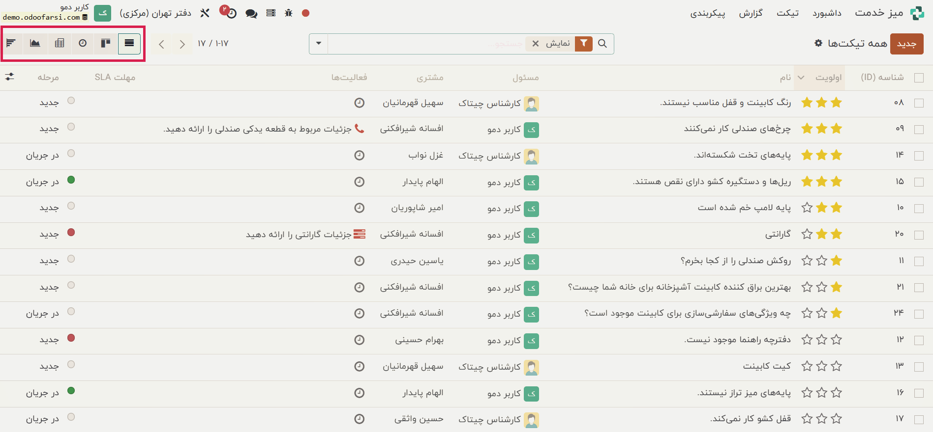 نمای لیست ماژول تیکتینگ نرم‌ افزار Odoo