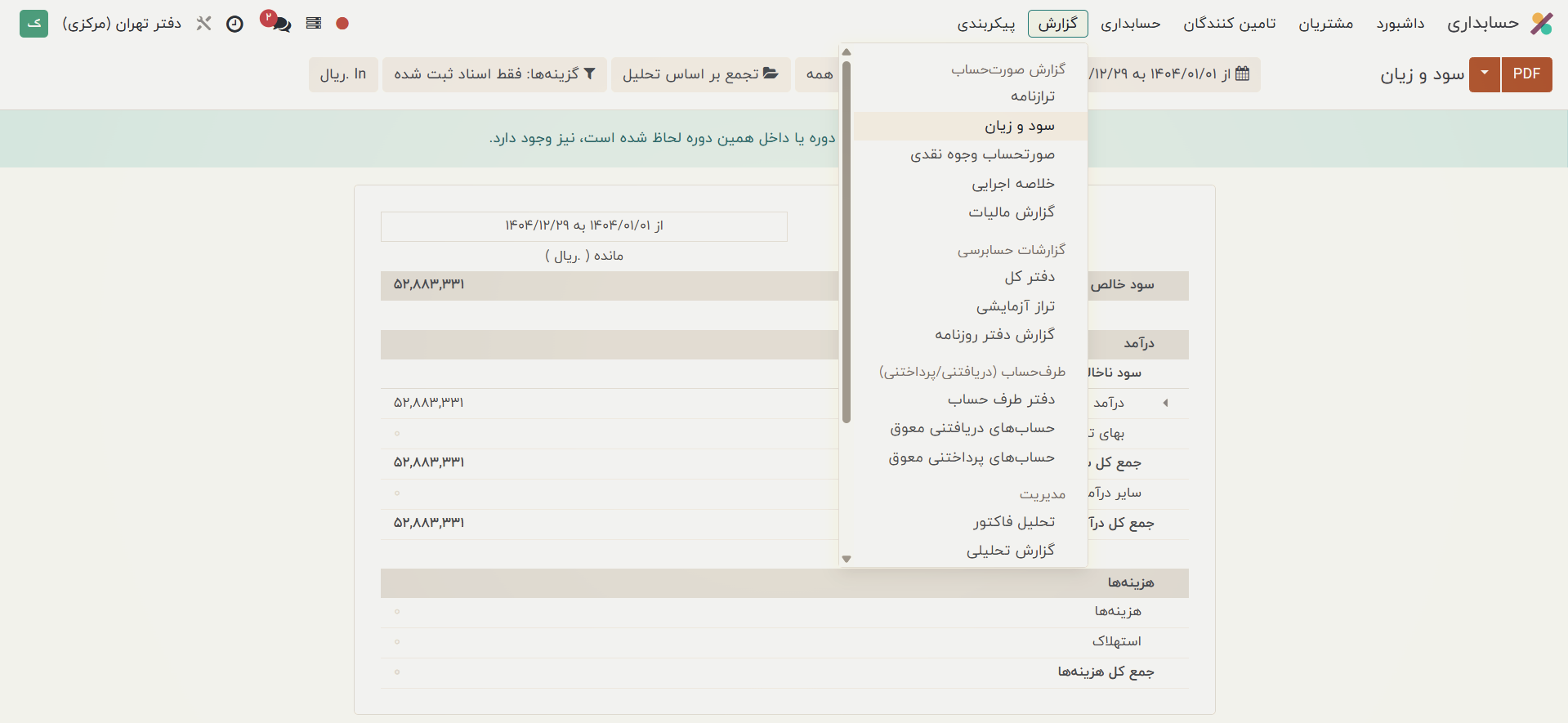 گزارش‌های سود و زیان شرکت در ماژول حسابداری odoo 17